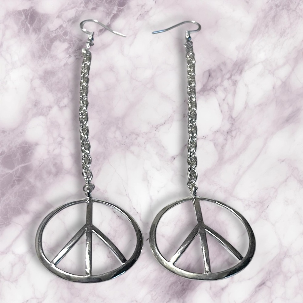 Hand Crafted Peace Earrings Duster Long Pierced Silver Chains Dangle - Picture 2 of 7